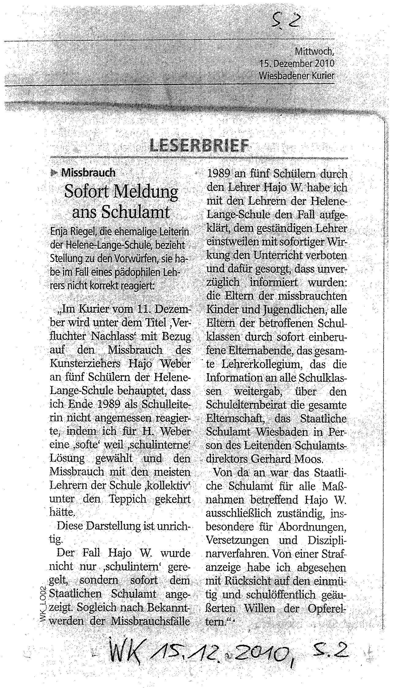 Gegendarstellung im "Wiesbadener Kurier" (als Leserbrief) vom 15.12.2010